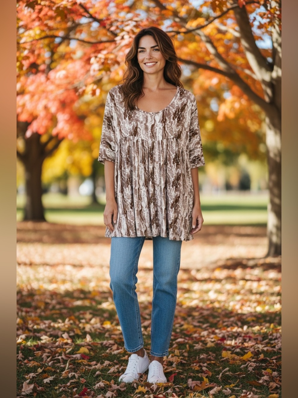 Tencede Flowy Brown Marbled Scoop-Neck Top